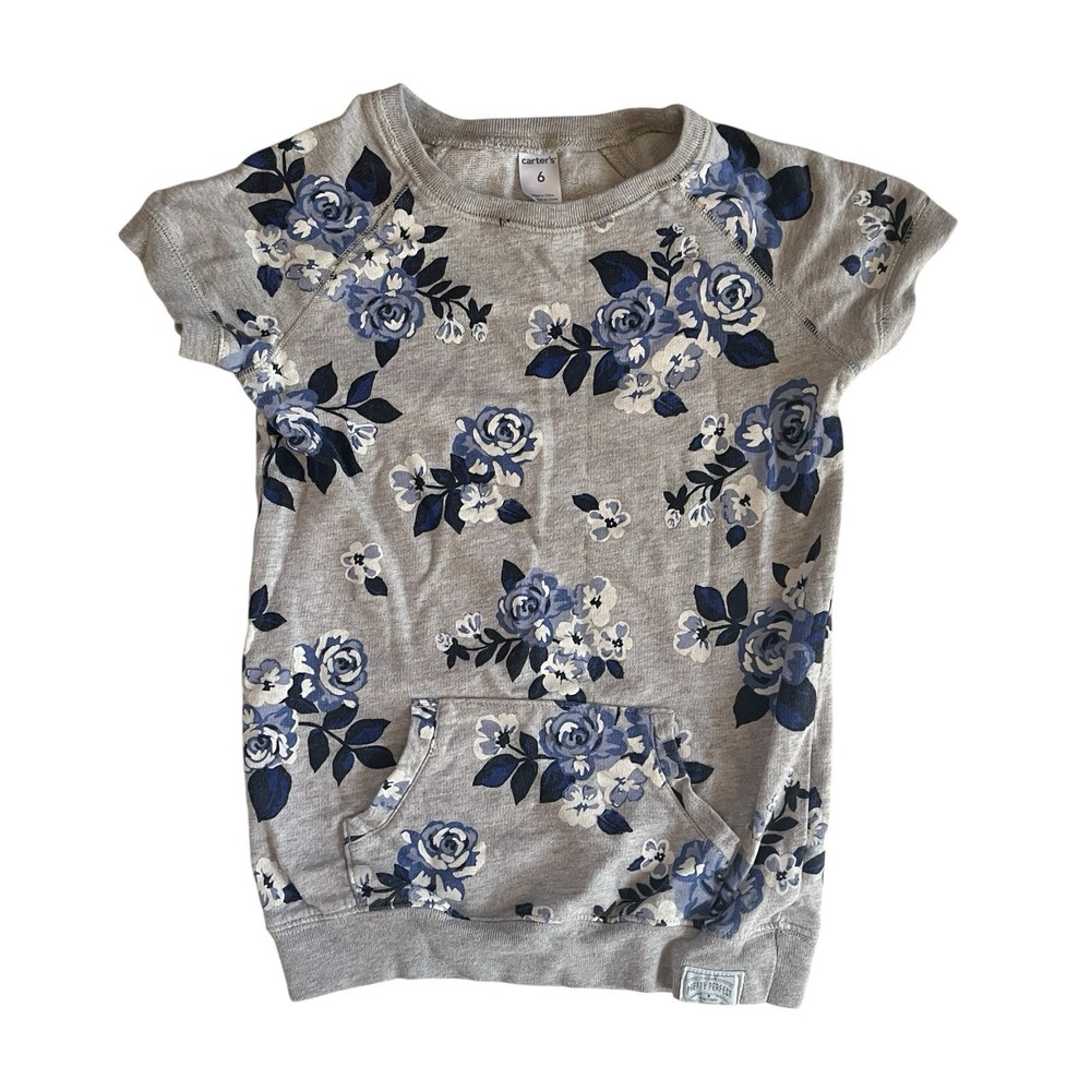 Carter's Girl's Size 6 Floral Shirt‎ Gray 100% Cotton Kangaroo Pocket Terry